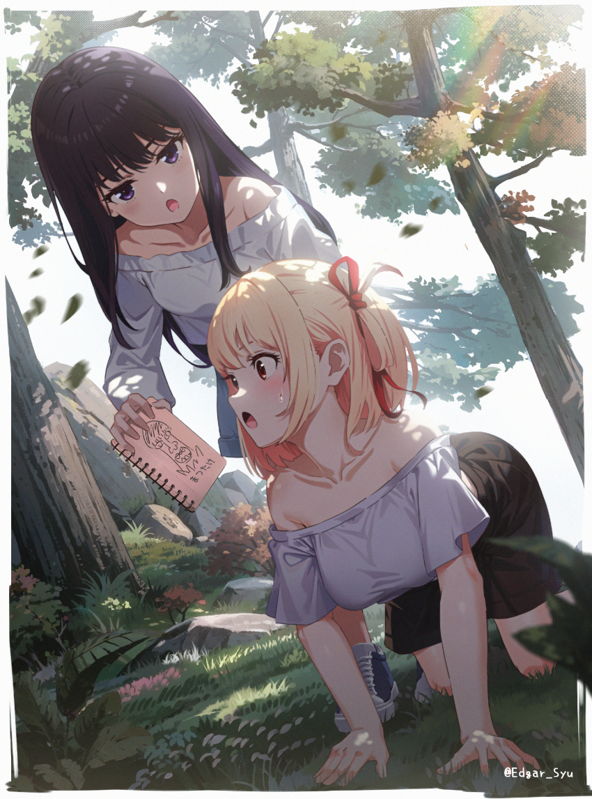 2girls absurdres all_fours bare_shoulders black_skirt blonde_hair blue_footwear blush book breasts collarbone commentary_request dutch_angle edgar_syu highres holding holding_book inoue_takina long_hair long_sleeves looking_at_object lycoris_recoil medium_breasts multiple_girls nishikigi_chisato open_mouth outdoors purple_eyes red_eyes red_ribbon ribbon shirt shoes short_hair short_sleeves sidelocks skirt sweatdrop translation_request twitter_username white_shirt