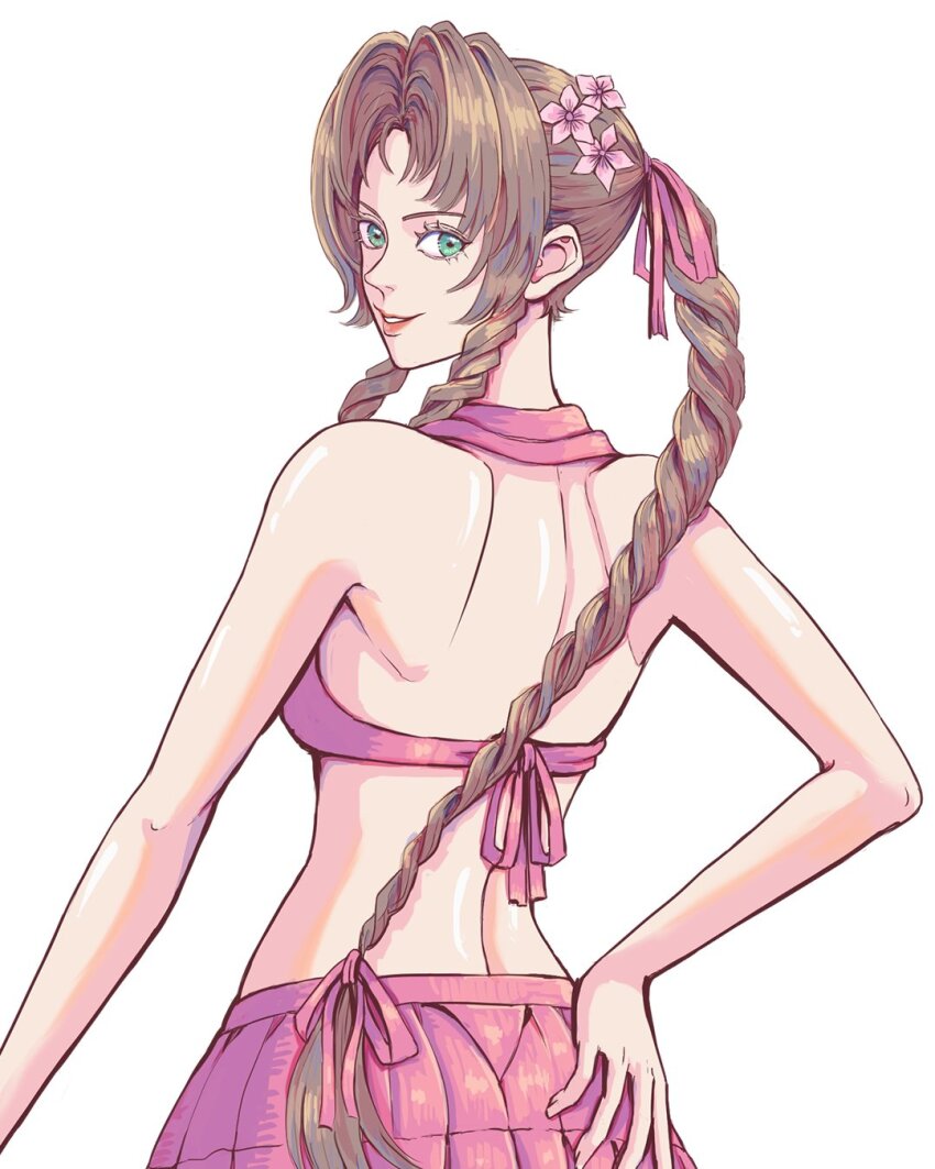 1girl aerith_gainsborough aerith_gainsborough_(pink_mermaid) back bare_arms bare_shoulders bikini bikini_skirt braid braided_ponytail breasts brown_hair changbim13 final_fantasy final_fantasy_vii final_fantasy_vii_rebirth final_fantasy_vii_remake flower green_eyes hair_flower hair_ornament hair_ribbon hand_on_own_hip highres hooded_swimsuit long_hair looking_at_viewer medium_breasts midriff official_alternate_costume parted_bangs parted_lips pink_bikini pink_flower pink_ribbon ribbon sidelocks single_braid smile solo swimsuit upper_body wavy_hair white_background