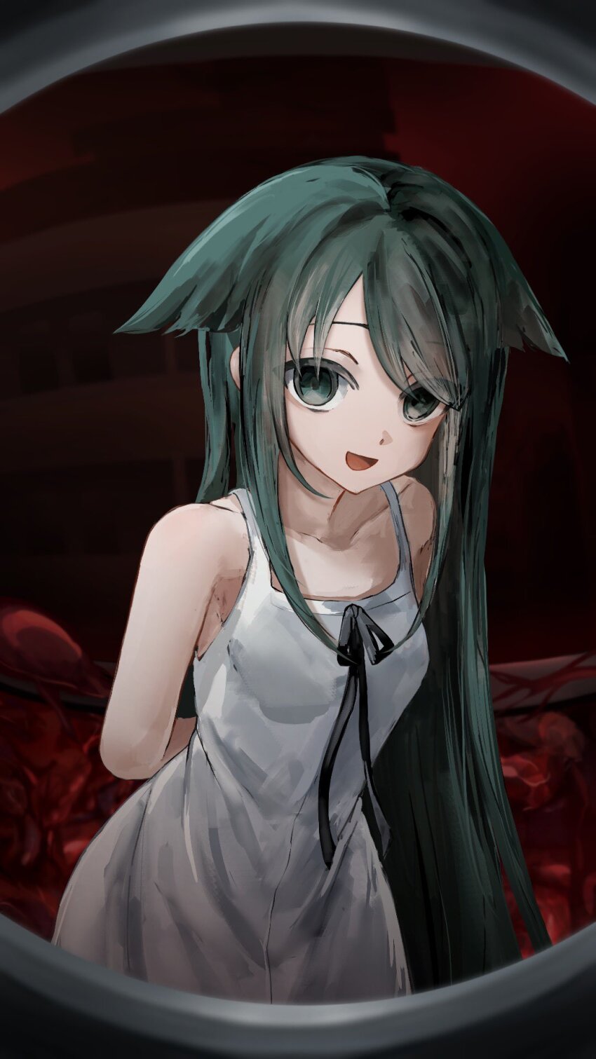 1girl arms_behind_back bare_arms bare_shoulders black_ribbon breasts collarbone dark_background dress empty_eyes green_eyes green_hair hair_flaps hashtag-only_commentary highres lilio long_hair looking_at_viewer open_mouth red_background ribbon saya_(saya_no_uta) saya_no_uta sleeveless sleeveless_dress small_breasts smile solo sundress white_dress