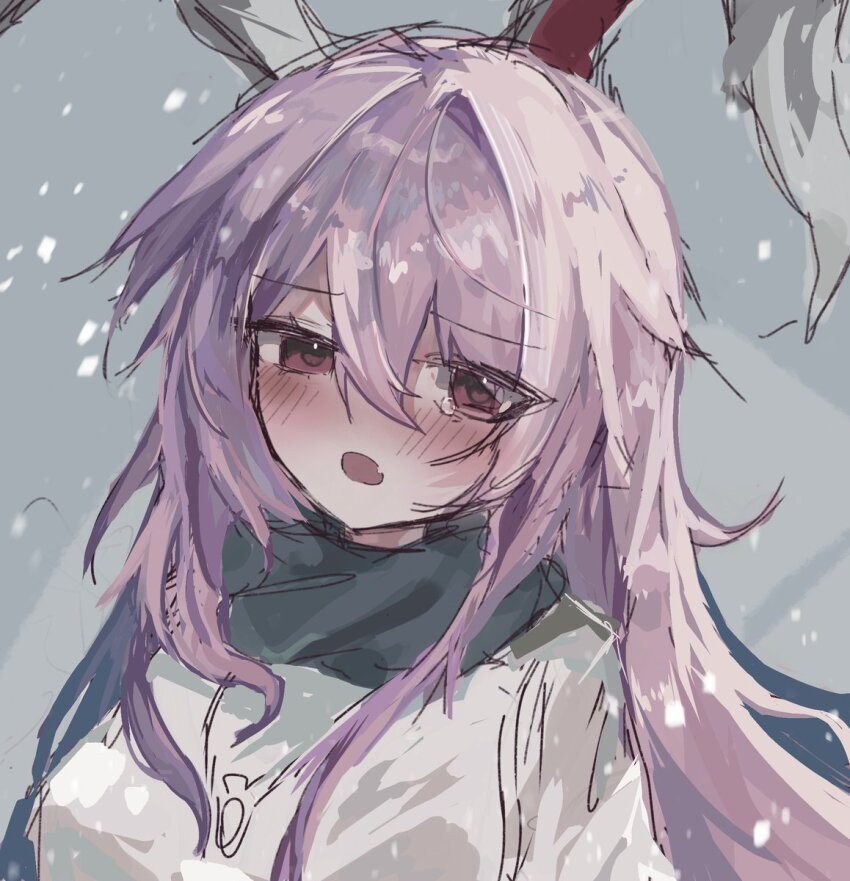 1girl animal_ears black_scarf breasts coat fang hair_between_eyes highres large_breasts long_hair looking_at_viewer open_mouth purple_hair rabbit_ears rabbit_girl red_eyes reisen_udongein_inaba scarf sira-iu skin_fang snowing solo touhou very_long_hair white_coat winter_clothes