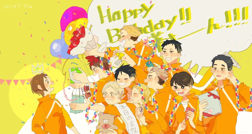 2girls 6+boys absurdres aohara_chika balloon black_hair blonde_hair blush bobata_kazuma bouquet brown_hair flower futamata_takeharu gift grin haikyuu!! happy happy_birthday higashiyama_katsumichi highres izaka_nobuyoshi jacket kuribayashi_runa misaki_hana multicolored_hair multiple_boys multiple_girls numajiri_rintarou short_hair smile sportswear stuffed_animal stuffed_toy surprised teddy_bear teeth terushima_yuuji track_jacket tsuchiyu_arata two-tone_hair