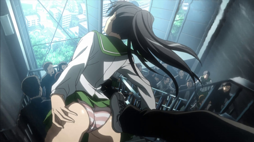 anime_screenshot ass black_hair from_behind highres highschool_of_the_dead kicking multiple_boys multiple_girls panties ponytail ryona school school_uniform stairs striped_clothes striped_panties underwear window