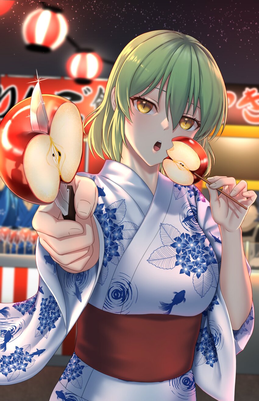 1girl absurdres animal_print apple apple_slice breasts candy_apple eating festival fish_print floral_print food food_stand fruit green_hair highres hikage_(senran_kagura) incoming_food japanese_clothes kimono knife lantern large_breasts looking_at_viewer market_stall medium_hair night night_sky obi open_mouth outdoors paper_lantern print_kimono sash senran_kagura sky slit_pupils solo star_(sky) summer_festival yellow_eyes yukata zib_(boriku)