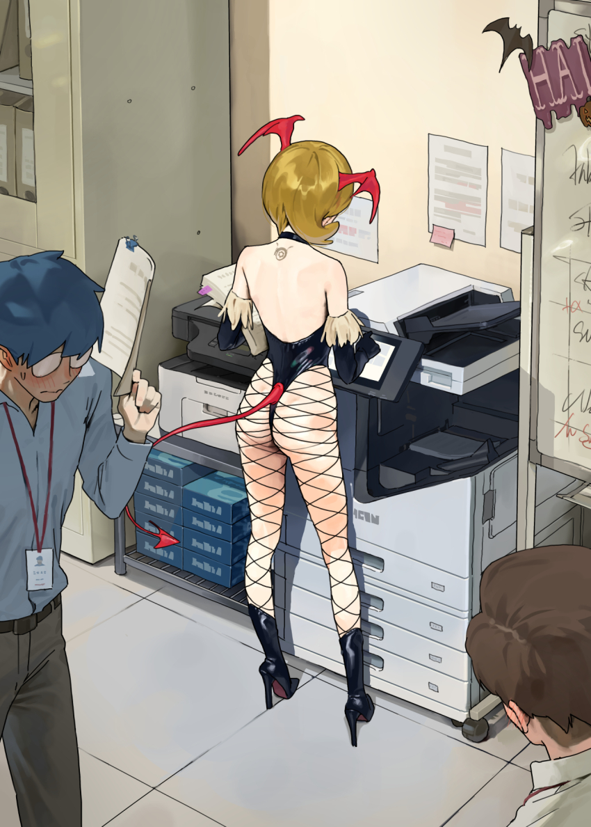 1girl 2boys ass back black_footwear black_gloves black_leotard blonde_hair blush demon_tail demon_wings elbow_gloves fishnet_pantyhose fishnets glasses gloves halloween_costume head_wings high_heels highleg highleg_leotard highres indoors lanyard leotard multiple_boys office original pantyhose photocopier sekoshi_(some1else45) some1else45 strapless strapless_leotard sweatdrop tail whiteboard wings