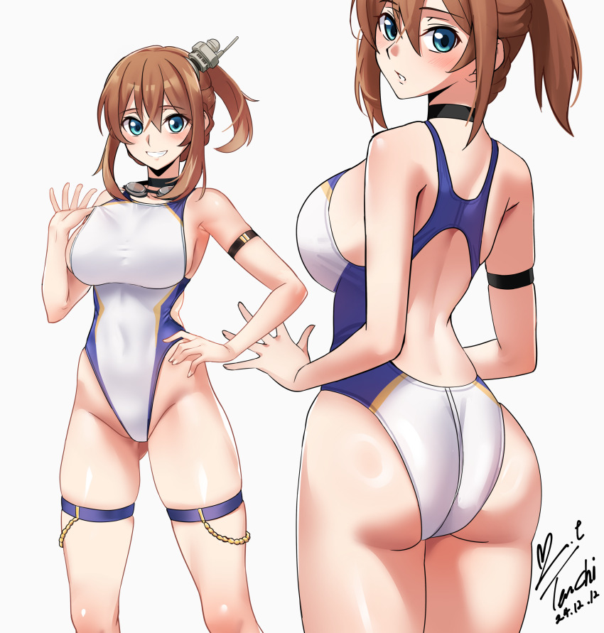 1girl absurdres arm_strap ass azur_lane bare_shoulders black_choker blue_eyes blue_one-piece_swimsuit blush breasts brown_hair choker commentary_request commission competition_swimsuit cowboy_shot dated feet_out_of_frame from_behind gluteal_fold goggles goggles_around_neck grin hair_between_eyes hand_on_own_hip highleg highleg_one-piece_swimsuit highres large_breasts legs_together looking_at_viewer looking_back multicolored_clothes multicolored_swimsuit multiple_views one-piece_swimsuit parted_lips pixiv_commission racerback repulse_(azur_lane) shiny_skin sideboob signature simple_background single_bare_arm skindentation smile standing swim_goggles swimsuit teeth thigh_strap white_background white_one-piece_swimsuit yoo_tenchi