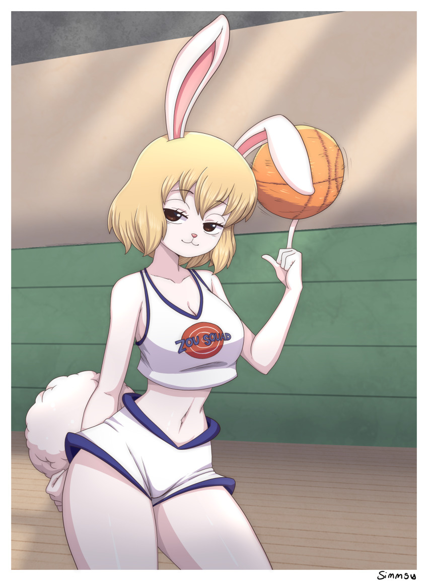 1girl :3 absurdres basket basketball basketball_uniform blonde_hair breasts carrot_(one_piece) censored cleavage cosplay curvy eyelashes fur highres lola_bunny_(cosplay) long_hair looking_at_viewer medium_breasts medium_hair naughty_face navel one_piece seductive_smile short_shorts shorts simmsy smile space_jam sportswear upper_body