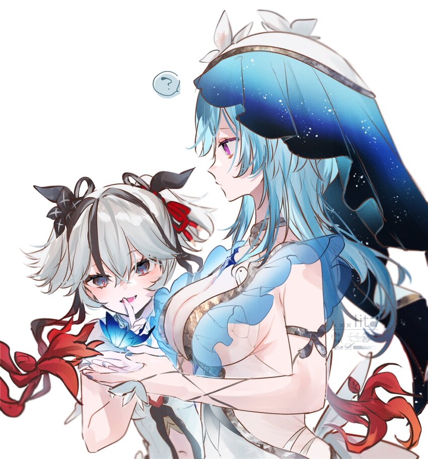 2girls ? armlet armpit_crease black_flower black_ribbon blake_bloom_(wuthering_waves) blue_butterfly blue_hair blue_nails blue_veil breasts bug butterfly camellya_(wuthering_waves) clothing_cutout commentary_request dress finger_to_mouth flower hair_flower hair_ornament hair_ribbon hair_vines highres index_finger_raised insect jewelry large_breasts long_hair lt26 multiple_girls nail_polish navel purple_eyes red_ribbon ribbon short_hair shushing simple_background sleeveless sleeveless_dress smile spoken_question_mark stomach_cutout shorekeeper_(wuthering_waves) two-tone_veil upper_body veil white_background white_dress white_hair white_veil wuthering_waves