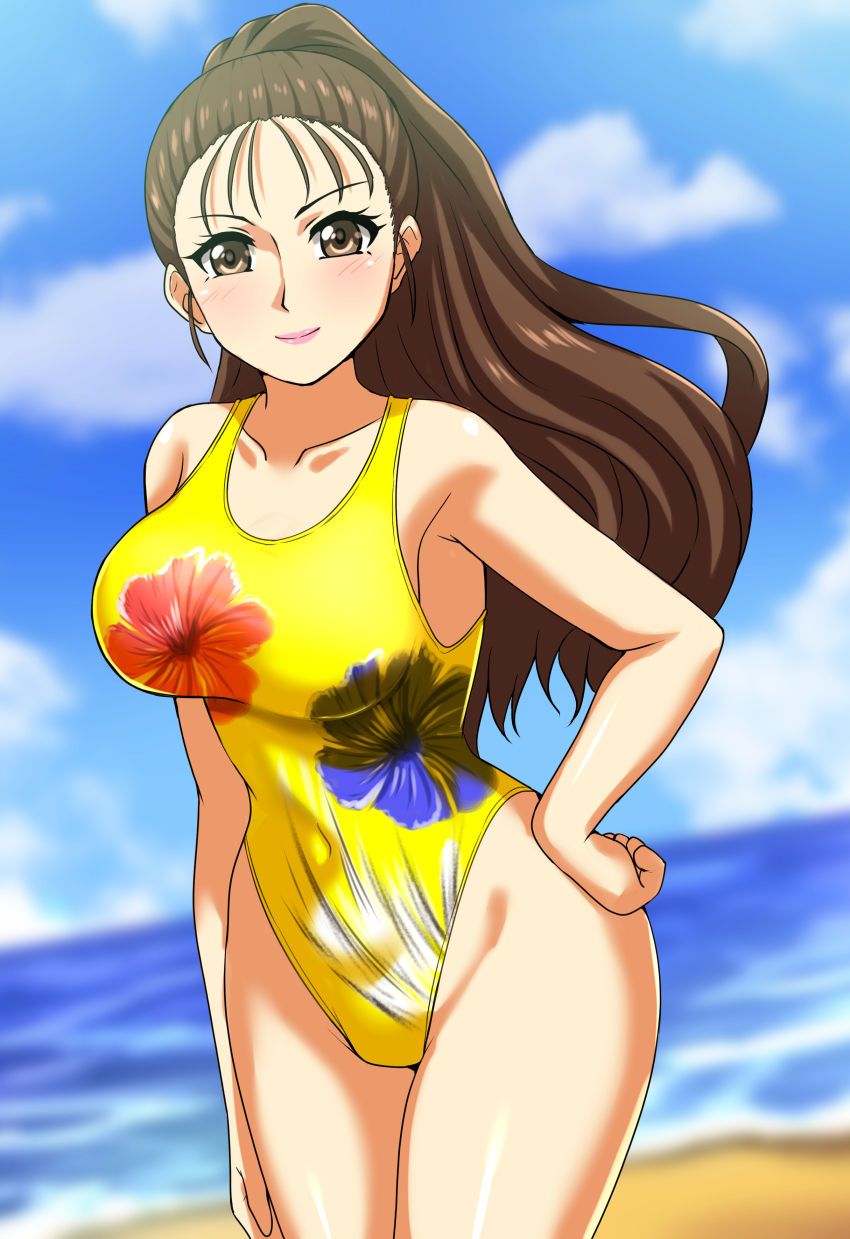 1girl absurdres beach blue_sky blurry blurry_background breasts brown_eyes brown_hair casual_one-piece_swimsuit chouriki_sentai_ohranger cloud collarbone commission covered_navel cowboy_shot day floral_print hand_on_own_hip highleg highleg_one-piece_swimsuit highres horizon large_breasts long_hair nijou_juri ocean one-piece_swimsuit outdoors pixiv_commission sky solo super_sentai swimsuit yellow_one-piece_swimsuit zanntetu