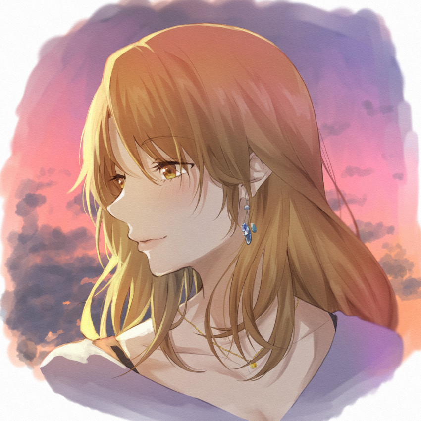 1girl blonde_hair bra bra_peek breasts cleavage close-up closed_mouth collarbone earrings gradient_sky highres isshiki_iroha jewelry light_(lightpicture33) lips long_hair neck necklace portrait profile purple_shirt purple_sky shirt sky small_breasts solo underwear yahari_ore_no_seishun_lovecome_wa_machigatteiru. yellow_eyes