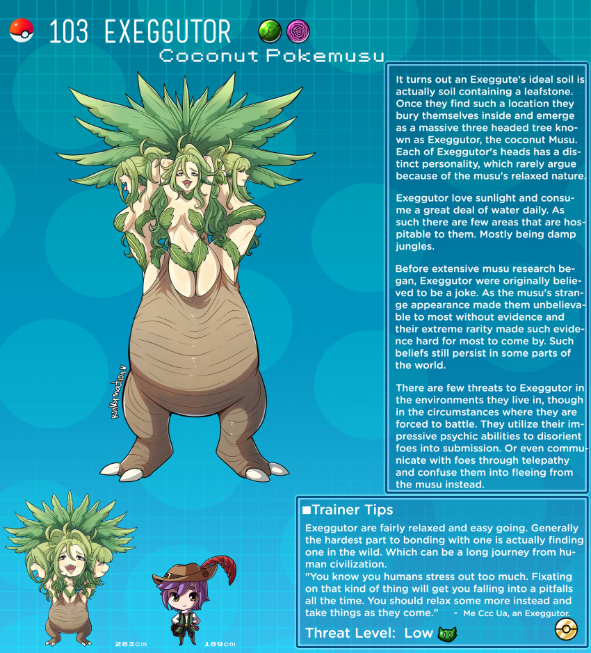 1boy 3girls artist_name character_name character_profile character_sheet commentary creatures_(company) dryad english_commentary english_text exeggutor game_freak gen_1_pokemon green_hair hat_feather highres kinkymation monster_girl multiple_girls nintendo personification plant_girl poke_ball poke_ball_(basic) pokemon purple_hair tree