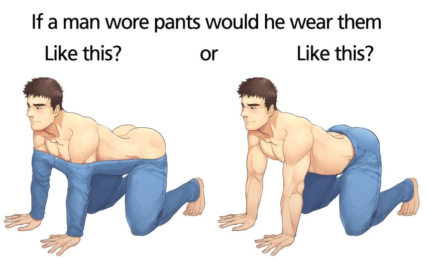 1boy all_fours ass bara barefoot blush brown_hair denim english_text full_body if_a_dog_wore_pants_(meme) jeans large_pectorals looking_away male_focus meme muscular muscular_male original pants parody pectorals topless_male short_hair stomach thighs tight_clothes tight_pants white_background winemvee