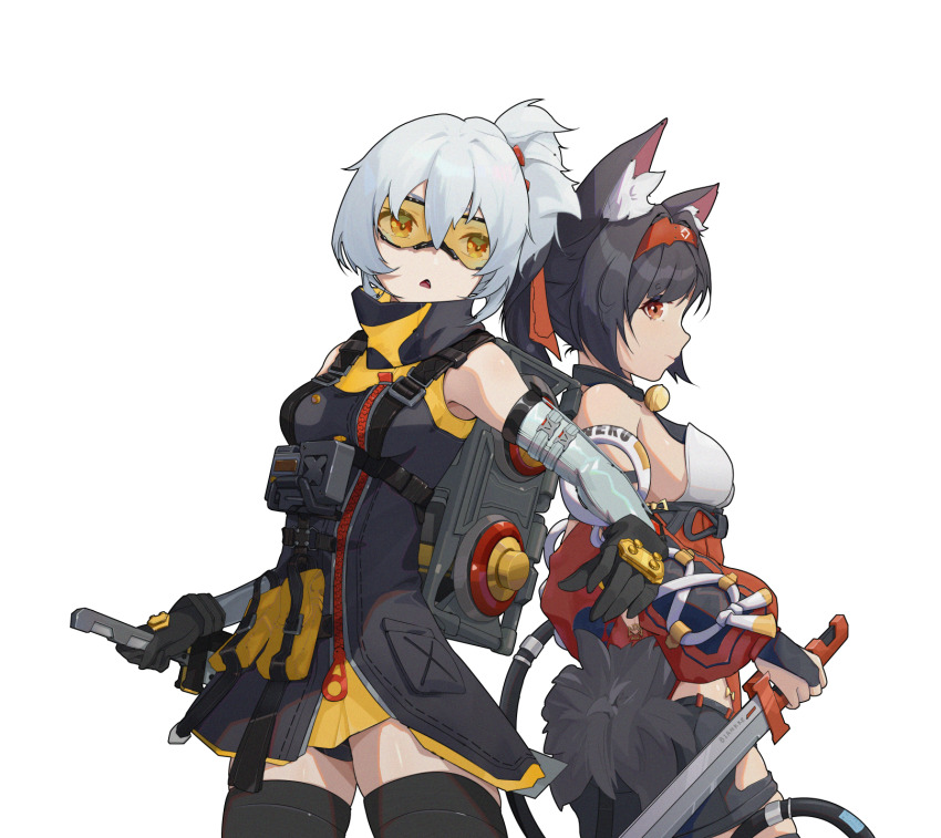 2girls animal_ear_fluff animal_ears black_gloves black_hair brown_eyes cat_ears cat_girl cat_tail closed_mouth cowboy_shot gloves hair_between_eyes haufei_chongman highres holding holding_sword holding_weapon long_hair looking_to_the_side multiple_girls nekomiya_mana open_mouth sidelocks simple_background soldier_11_(zenless_zone_zero) standing sword tail weapon white_background white_hair zenless_zone_zero