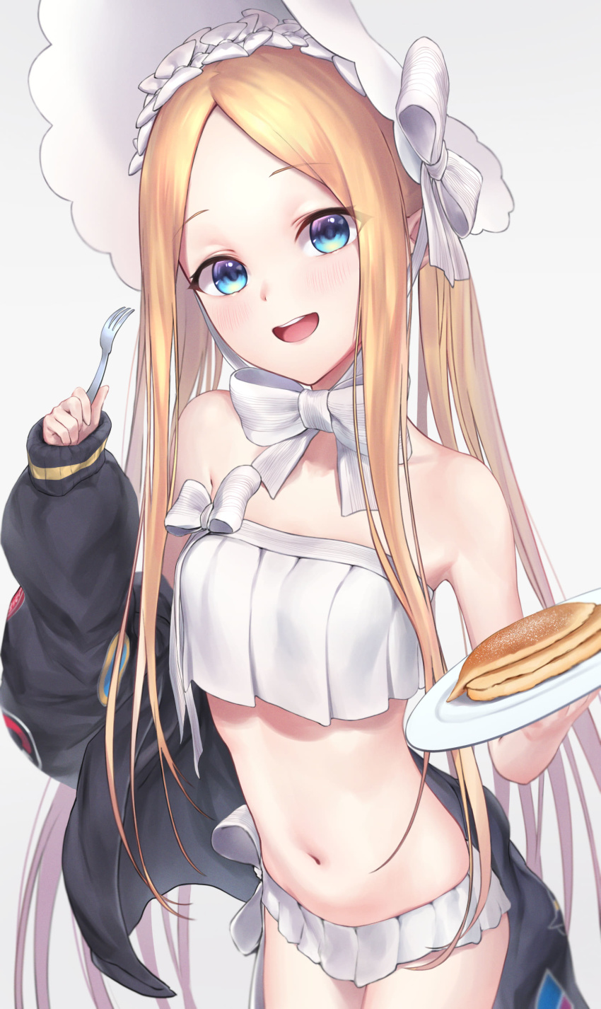 1girl abigail_williams_(fate) abigail_williams_(swimsuit_foreigner)_(fate) abigail_williams_(swimsuit_foreigner)_(third_ascension)_(fate) absurdres bare_shoulders bikini black_jacket blonde_hair blue_eyes blush bonnet bow breasts fate/grand_order fate_(series) food forehead fork hair_bow highres jacket long_hair looking_at_viewer miniskirt monegi navel off_shoulder open_clothes open_jacket open_mouth pancake parted_bangs plate sidelocks skirt small_breasts smile swimsuit twintails very_long_hair white_background white_bikini white_bow white_headwear