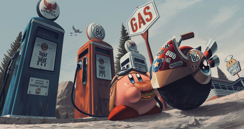 5health aviator_cap blue_eyes burger chef_kawasaki diner dyna_blade english_text food gas_pump gas_station goggles goggles_on_head highres kirby kirby_(series) nintendo no_humans pine_tree sticker tree wheelie_(kirby)