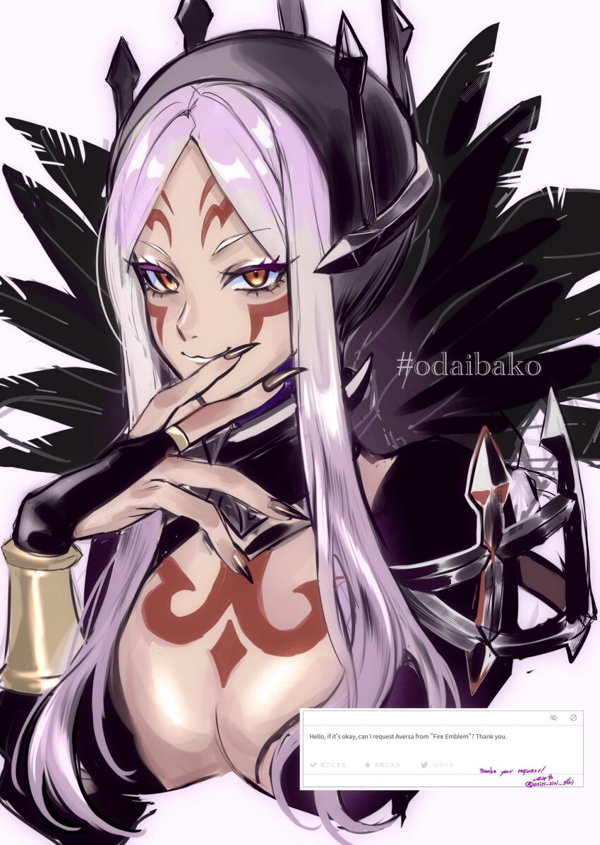 1girl aversa_(fire_emblem) black_bridal_gauntlets black_nails breasts bridal_gauntlets brown_eyes facial_mark fingernails fire_emblem fire_emblem_awakening highres large_breasts long_fingernails looking_at_viewer nail_polish nintendo osiri_siri_siri white_hair