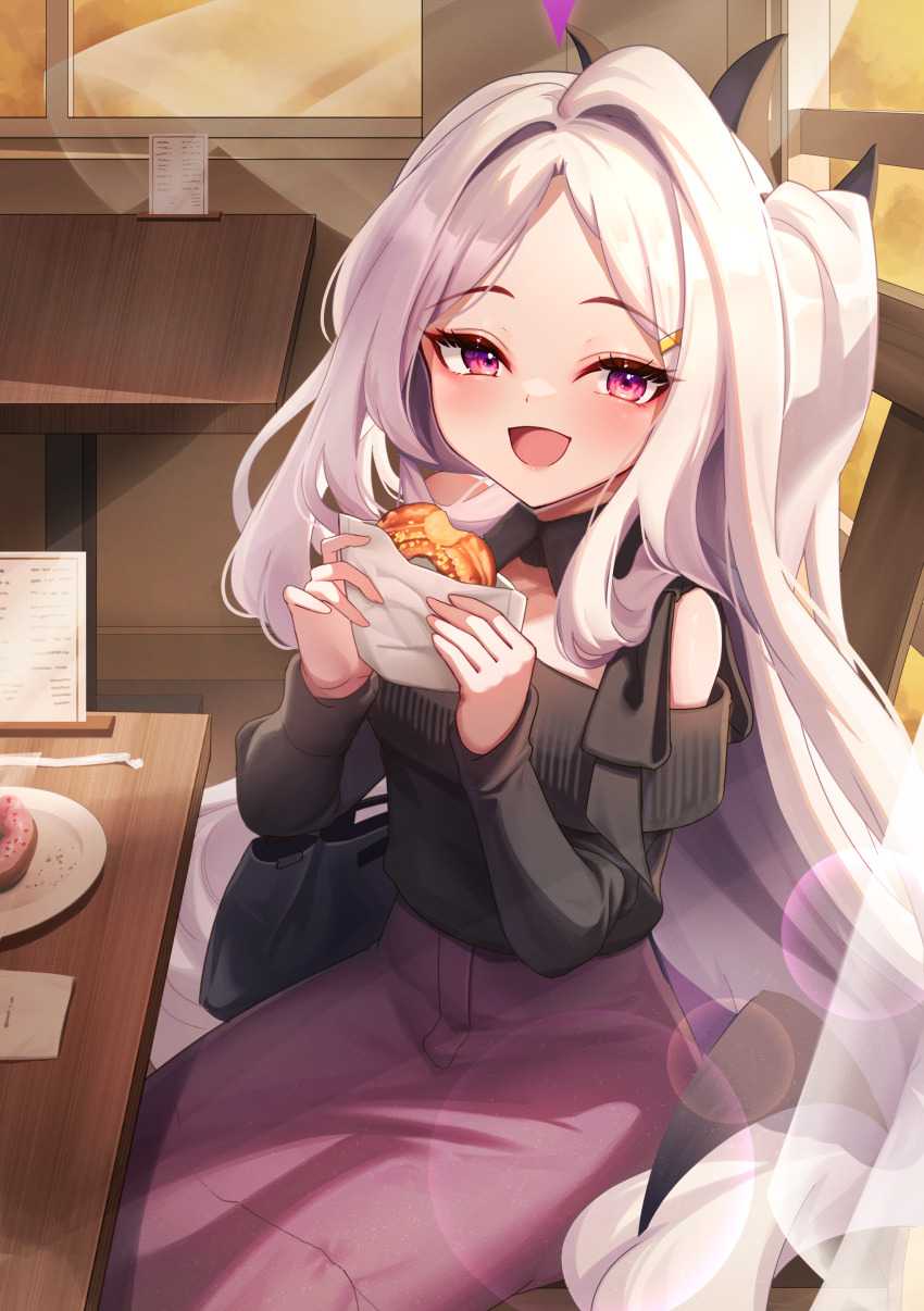 1girl absurdres black_horns black_shirt blue_archive chair demon_girl demon_horns demon_wings eating forehead highres hina_(blue_archive) horns indoors long_hair looking_at_viewer low_wings open_mouth purple_skirt red_eyes sakurahuji-iro shirt sitting skirt smile solo table very_long_hair white_hair wings