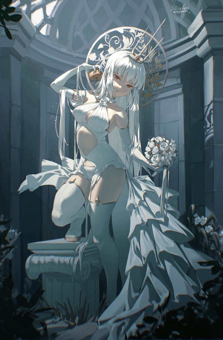 1girl absurdres bare_shoulders boots breasts bride crown dress flower food gloves hair_ornament highres holding holding_flower holding_food indoors large_breasts long_hair looking_at_viewer navel open_mouth original red_eyes solo souly thigh_boots thighhighs white_dress white_hair