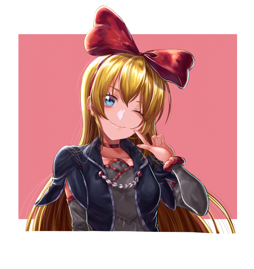 1girl ;) absurdres blonde_hair blue_eyes border bow bow_hairband choker closed_mouth collarbone detached_sleeves dokidoki!_precure grey_shirt grey_sleeves hair_bow hairband head_tilt highres long_hair long_sleeves one_eye_closed precure red_background red_bow red_choker red_hairband regina_(dokidoki!_precure) sakana_sakanama shirt smile solo upper_body very_long_hair white_border