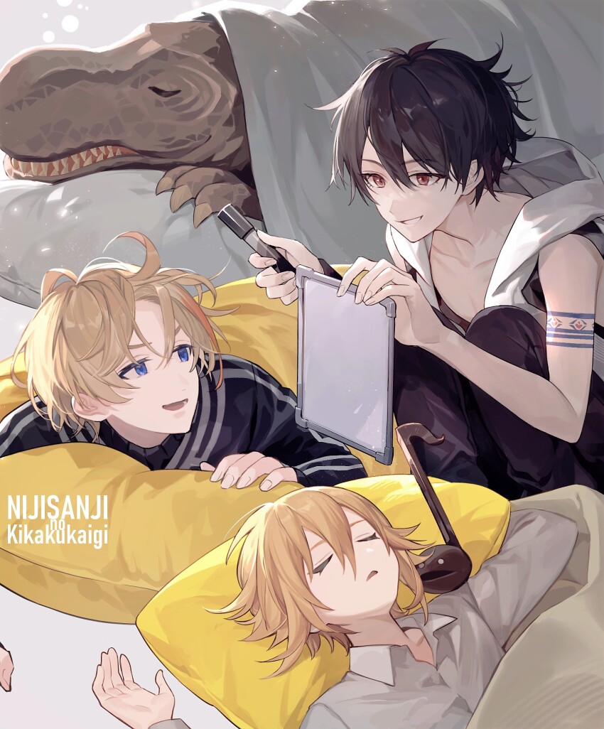 3boys arm_tattoo black_hair blonde_hair collared_shirt copyright_name dinosaur fura_kanato hair_between_eyes headphones headphones_around_neck highres holding hood hoodie iv_4t jacket lying multiple_boys nijisanji on_back on_stomach otamatone red_eyes shirt short_hair sleeping sleeveless sleeveless_hoodie tattoo tyrannosaurus_rex uzuki_kou virtual_youtuber white_shirt yumeoi_kakeru yumeoi_kakeru_(1st_costume)