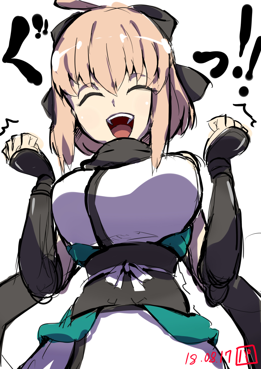 1girl absurdres ahoge black_bow black_scarf blonde_hair blush bow breasts dated closed_eyes fate/grand_order fate_(series) hair_bow hair_ribbon happy highres japanese_clothes kimono large_breasts obi okita_souji_(fate) pakotaroh ribbon sash scarf sketch sleeveless sleeveless_kimono smile solo teeth tongue translation_request upper_teeth_only white_kimono