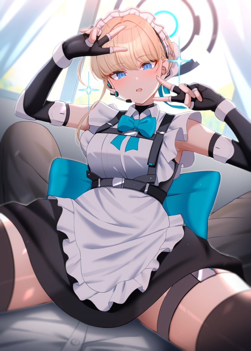 1girl absurdres apron arms_up black_gloves black_thighhighs blonde_hair blue_archive blue_eyes blush double_v elbow_gloves fingerless_gloves frills gloves halo highres kunimine_yuzuki looking_at_viewer maid maid_headdress open_mouth revision sitting solo thigh_strap thighhighs thighs toki_(blue_archive) v white_apron white_headwear