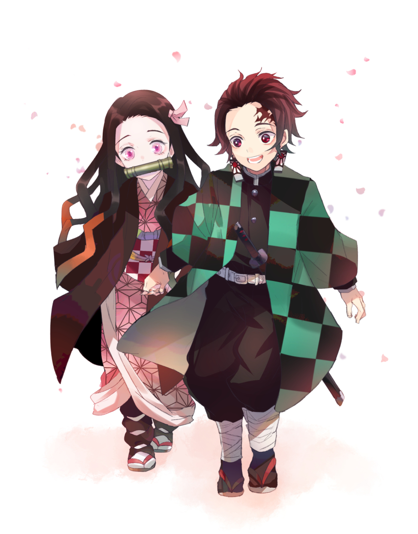 1boy 1girl :d bamboo black_jacket black_legwear black_pants brother_and_sister brown_footwear brown_hair checkered_haori checkered_sash commentary_request earrings forehead hair_ribbon haori highres holding_hands jacket japanese_clothes jewelry kamado_nezuko kamado_tanjirou katana kayanogura kimetsu_no_yaiba kimono long_hair long_sleeves mouth_hold multicolored_hair obi open_mouth pants parted_bangs petals pink_eyes pink_kimono pink_ribbon puffy_long_sleeves puffy_pants puffy_sleeves red_eyes red_hair ribbon sandals sash sheath sheathed siblings smile socks standing sword two-tone_hair very_long_hair walking weapon white_background zouri