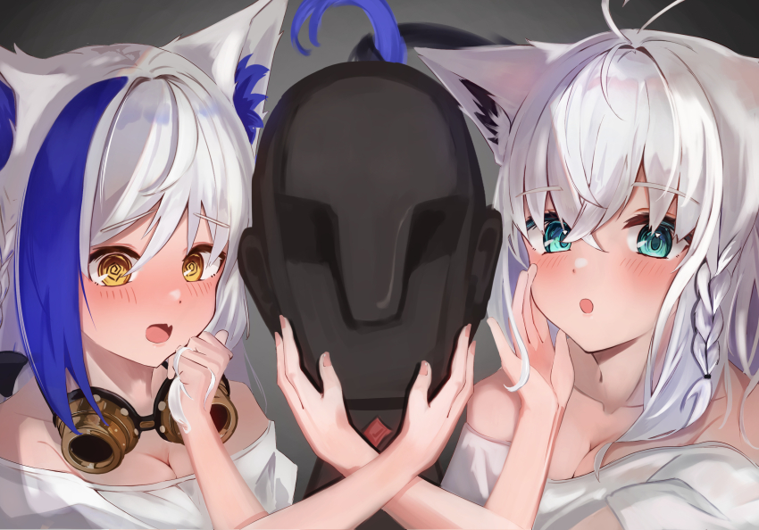 2girls @_@ absurdres ahoge animal_ear_fluff animal_ears aomiya_yozuri binaural_microphone blue_hair blush braid breasts cat_ears cat_girl cleavage commentary_request earrings fang fox_ears fox_girl goggles goggles_around_neck green_eyes hair_between_eyes highres hololive jewelry long_hair looking_at_viewer medium_breasts microphone multicolored_hair multiple_girls neumann_ku_100 open_mouth shirakami_fubuki shirt sidelocks single_braid siyara_amau skin_fang streaked_hair vee_(vtuber) virtual_youtuber white_hair white_shirt yellow_eyes