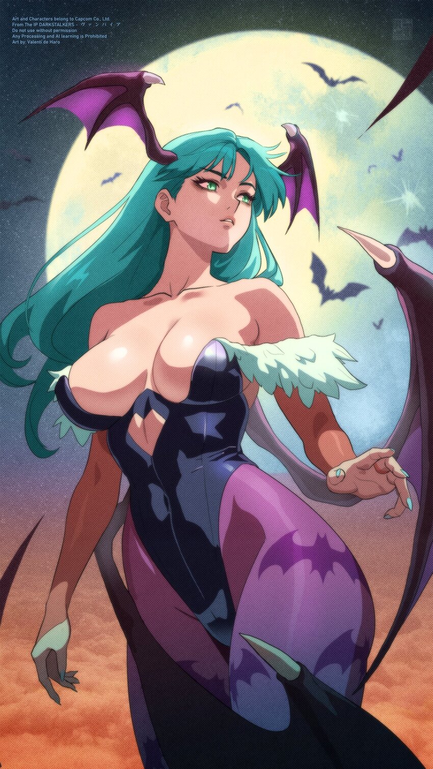 1girl bare_shoulders bat_(animal) black_leotard breasts bridal_gauntlets capcom cleavage clothing_cutout collarbone covered_navel darkstalkers demon_girl full_moon green_eyes green_hair head_wings heart_cutout highres large_breasts leotard long_hair moon morrigan_aensland pantyhose parted_lips purple_pantyhose solo strapless strapless_leotard toned traditional_media valantains wings