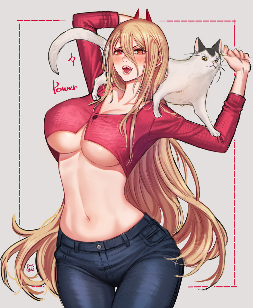 1girl alternate_costume animal animal_on_shoulder arms_up artist_logo blonde_hair blue_pants blush breasts casual cat chainsaw_man cowboy_shot cropped_sweater denim english_text grey_background hair_between_eyes highres horns huge_breasts jeans large_breasts logo long_hair long_sleeves looking_at_viewer meowy_(chainsaw_man) midriff navel open_mouth orange_eyes pants power_(chainsaw_man) raoul_(raoul77) red_horns red_sweater sharp_teeth stomach sweater teeth underboob very_long_hair