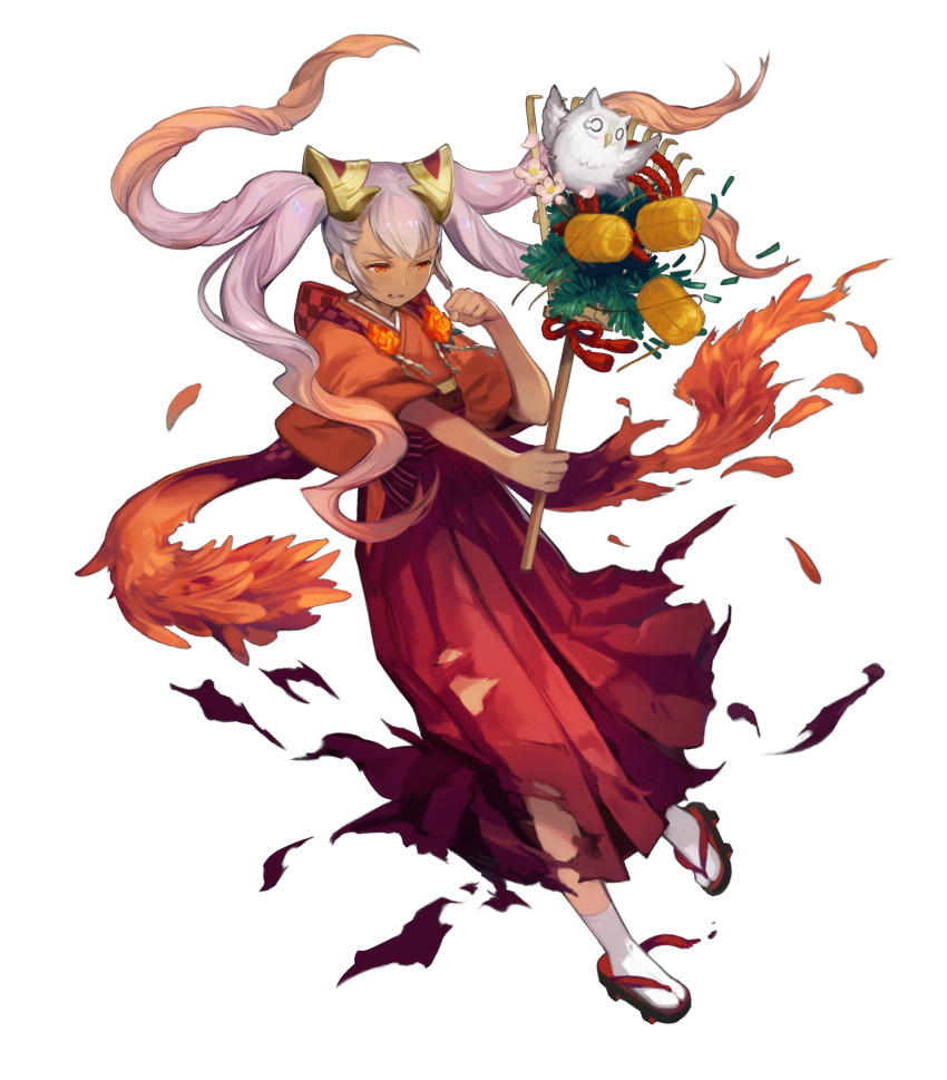 1girl damaged dark-skinned_female dark_skin fire_emblem fire_emblem_heroes highres holding_rake japanese_clothes kimono laevatein_(fire_emblem) laevatein_(new_year)_(fire_emblem) multicolored_hair nintendo non-web_source official_alternate_costume official_art orange_hair quad_tails rake red_eyes red_kimono sandals solo tabi torn_clothes torn_kimono two-tone_hair white_hair