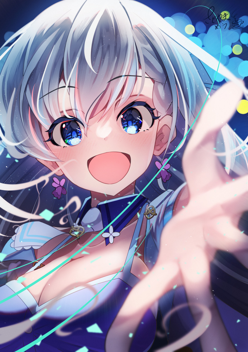 1girl absurdres blurry blush bokeh braid braided_bangs breasts cleavage depth_of_field detached_collar foreshortening grey_hair highres hisakawa_hayate idolmaster idolmaster_cinderella_girls idolmaster_cinderella_girls_starlight_stage looking_at_viewer medium_breasts reaching reaching_towards_viewer satoyama_meu smile solo upper_body