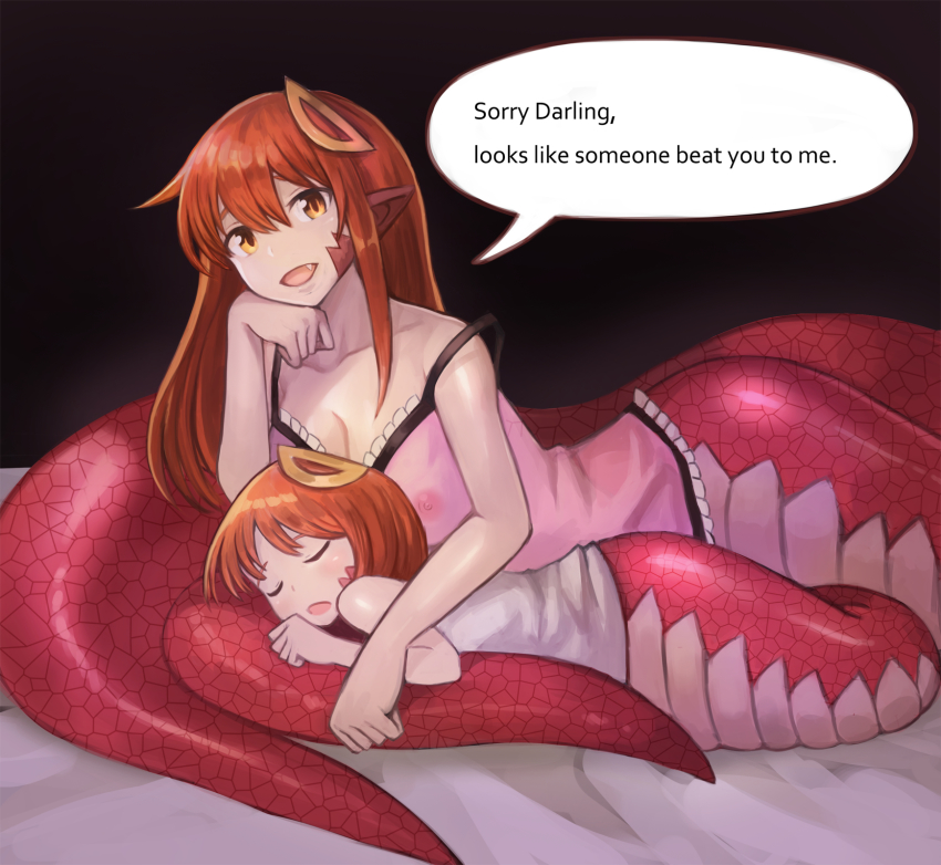 2girls :d breasts camisole closed_eyes collarbone commentary commission english_commentary english_text fang hair_between_eyes hair_ornament hairclip highres lamia large_breasts long_hair looking_at_viewer lying miia_(monster_musume) mika_(miiafag) monster_girl monster_musume_no_iru_nichijou mother_and_daughter multiple_girls nipples open_mouth original pointy_ears red_hair scales see-through_clothes sleeping smile sookmo speech_bubble tail yellow_eyes