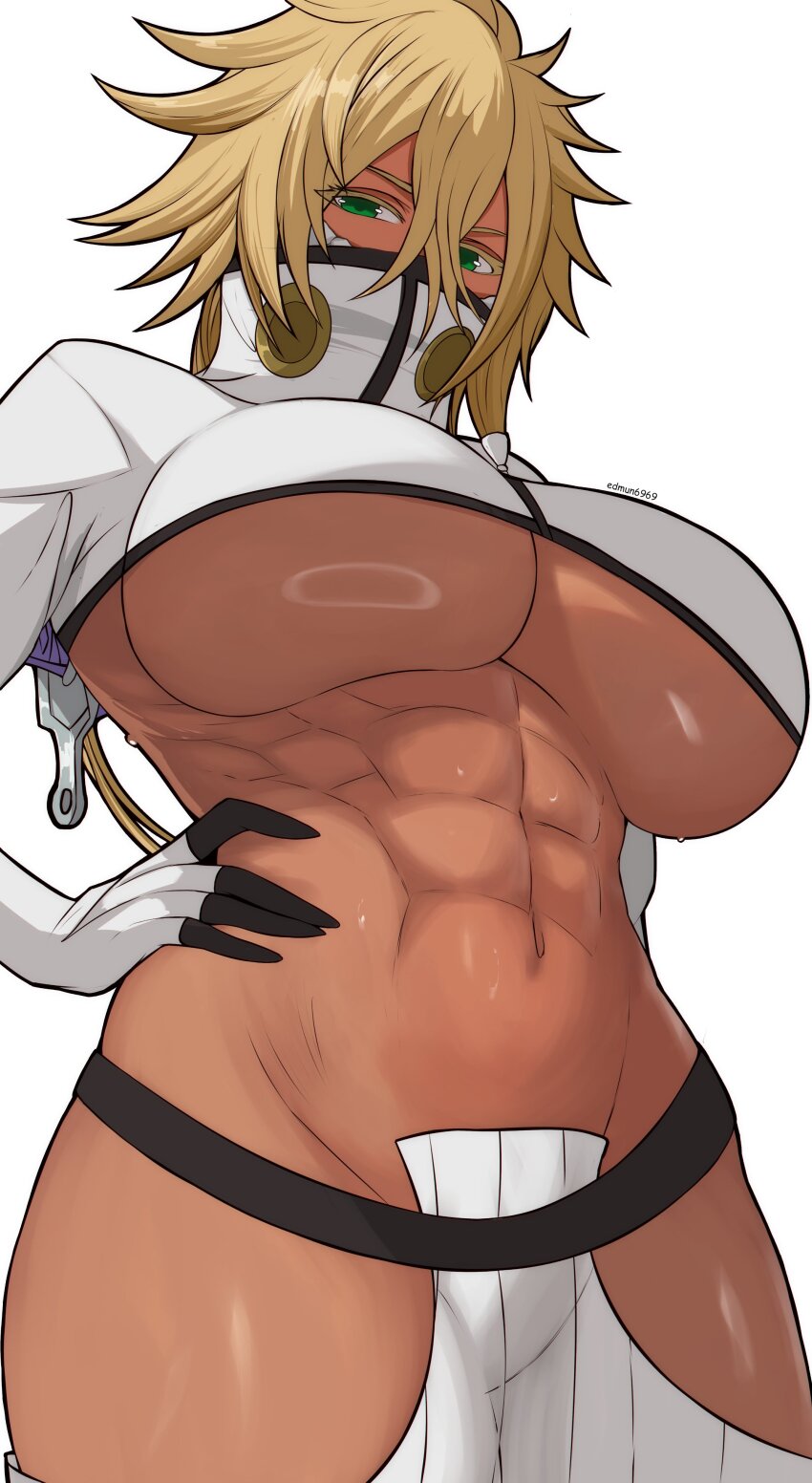 abs absurdres artist_name bleach blonde_hair breasts colored_eyelashes cropped_jacket dark-skinned_female dark_skin edmun6969 espada green_eyes hand_on_own_hip highres large_breasts looking_at_viewer mask shiny_skin simple_background sword thick_thighs thighs tier_harribel toned_female underboob weapon white_background