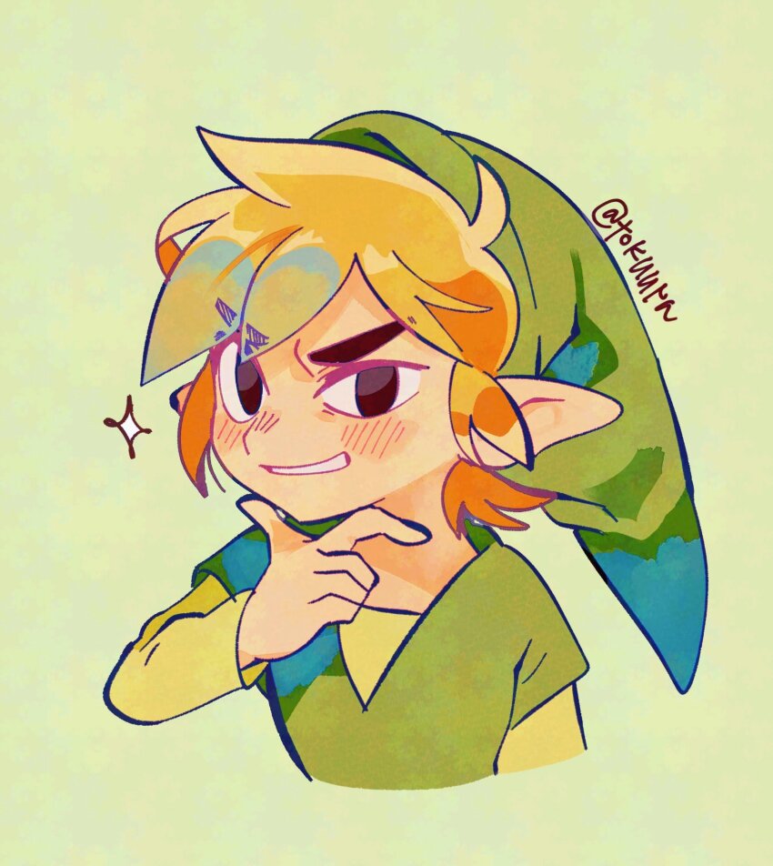 1boy blonde_hair blush furrowed_brow green_background green_hat green_tunic grin hand_on_own_chin hat highres link long_sleeves looking_at_viewer male_focus nintendo pointy_ears pointy_hat shirt short_hair sidelocks smile solo sparkle teeth the_legend_of_zelda the_legend_of_zelda:_the_wind_waker tokuura tunic twitter_username upper_body yellow_shirt