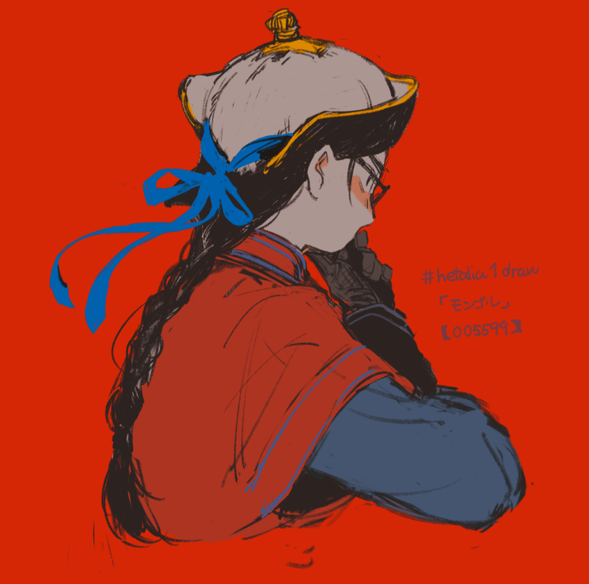 1boy axis_powers_hetalia blue_bow bow braid english_text glasses gloves hashtag layered_sleeves long_hair male_focus mongolia_(hetalia) mongolian_clothes nanimonothing red_background single_braid sketch solo toortsog upper_body