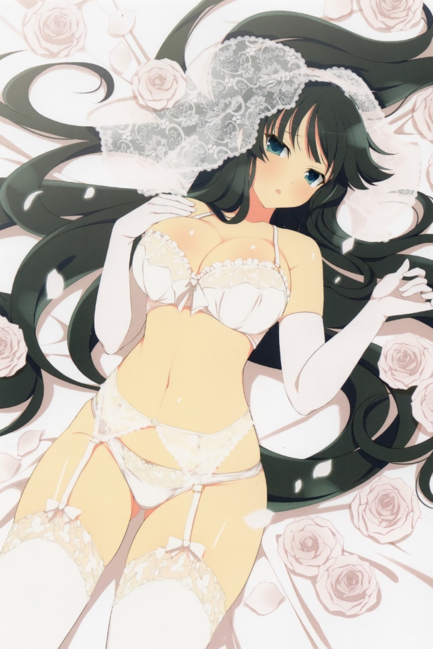 1girl bare_hips bare_shoulders black_hair blue_eyes breasts bridal_gloves bridal_legwear bridal_lingerie bridal_veil bride elbow_gloves flower garter_belt garter_straps gloves hand_on_own_chest highres ikaruga_(senran_kagura) lingerie long_hair looking_at_viewer lying open_mouth revealing_clothes rose senran_kagura sexually_suggestive spread_legs thick_thighs thighs underwear veil bridal_lingerie white_headwear white_lingerie