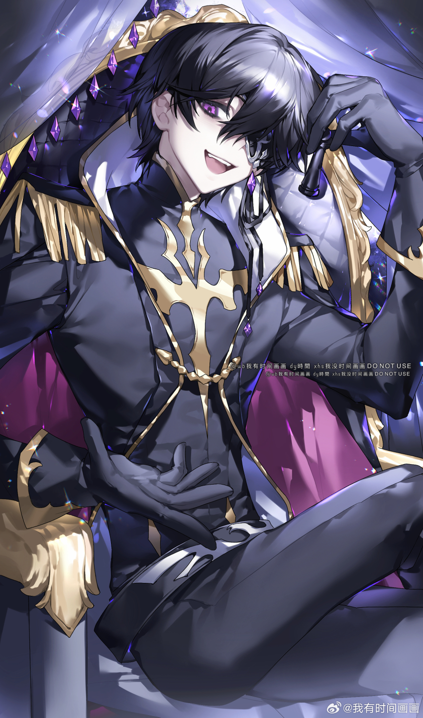 1boy absurdres black_gloves black_hair board_game cape chair chess code_geass code_geass:_boukoku_no_akito eyepatch gem gloves gold hair_between_eyes highres holding jewelry julius_kingsley lelouch_vi_britannia looking_at_viewer male_focus on_chair open_mouth purple_eyes purple_gemstone ribbon-trimmed_clothes ribbon_trim short_hair sitting smile solo two-sided_cape two-sided_fabric weibo_6655142211