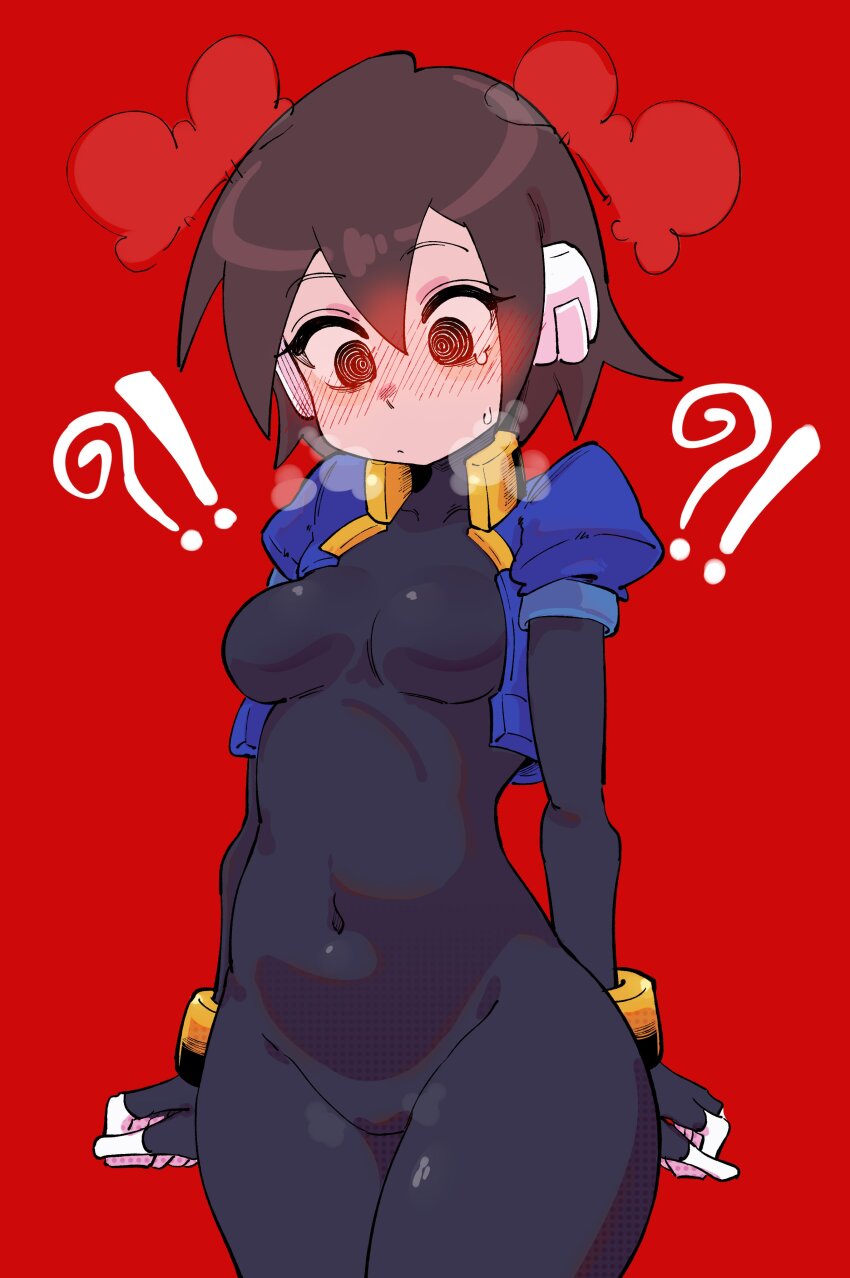 !? absurdres aile_(mega_man_zx) black_bodysuit black_eyes blue_jacket blush bodysuit bodysuit_under_clothes breasts brown_hair buzzlyears commentary covered_collarbone covered_navel cowboy_shot cropped_jacket highres jacket looking_down medium_breasts mega_man_(series) mega_man_zx open_clothes open_jacket red_background robot_ears short_hair simple_background