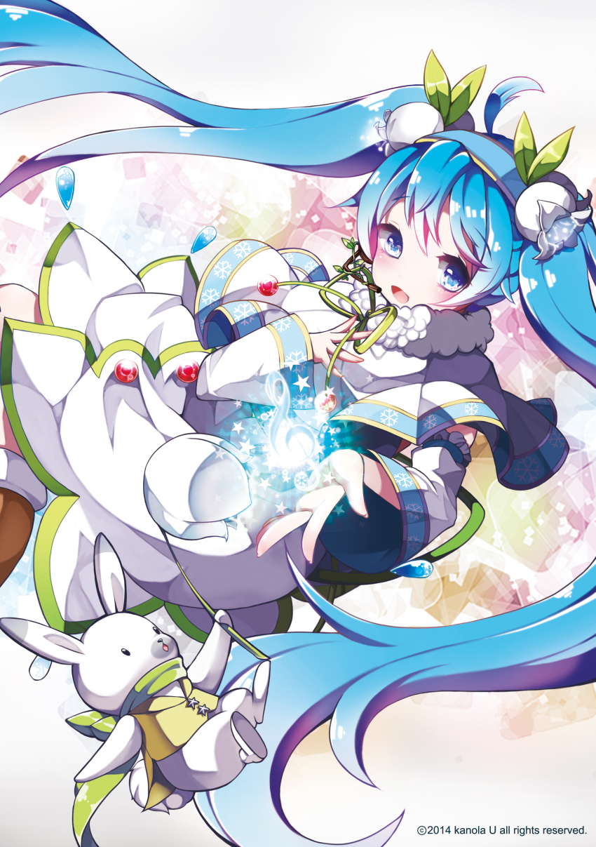 10s 1girl 2014 absurdres ahoge artist_name blue_eyes blue_hair rabbit flower green_scarf hatsune_miku highres kanola_u lily_of_the_valley long_hair open_mouth scarf snowdrop_(flower) snowflake_print treble_clef twintails very_long_hair vocaloid yuki_miku yukine_(vocaloid)