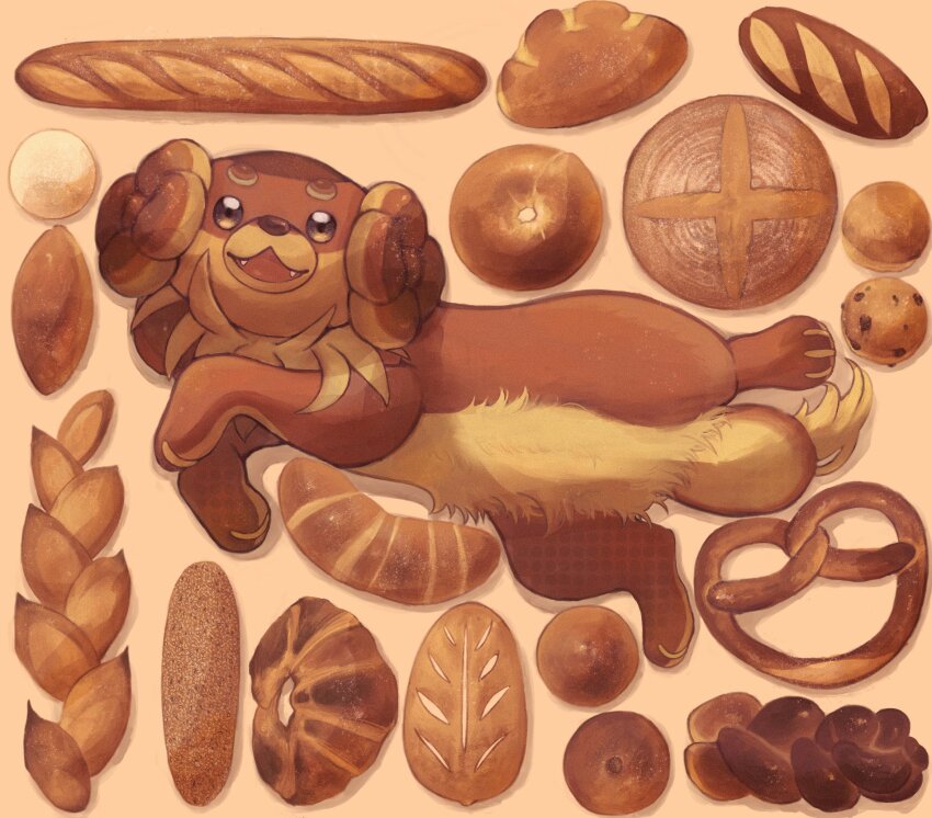 bagel baguette bread bread_bun brown_fur creatures_(company) croissant dachsbun dog fangs food game_freak highres kei_00112 looking_at_viewer lying nintendo no_humans on_back open_mouth pokemon pokemon_(creature) pokemon_focus pretzel short_eyebrows smile thick_eyebrows