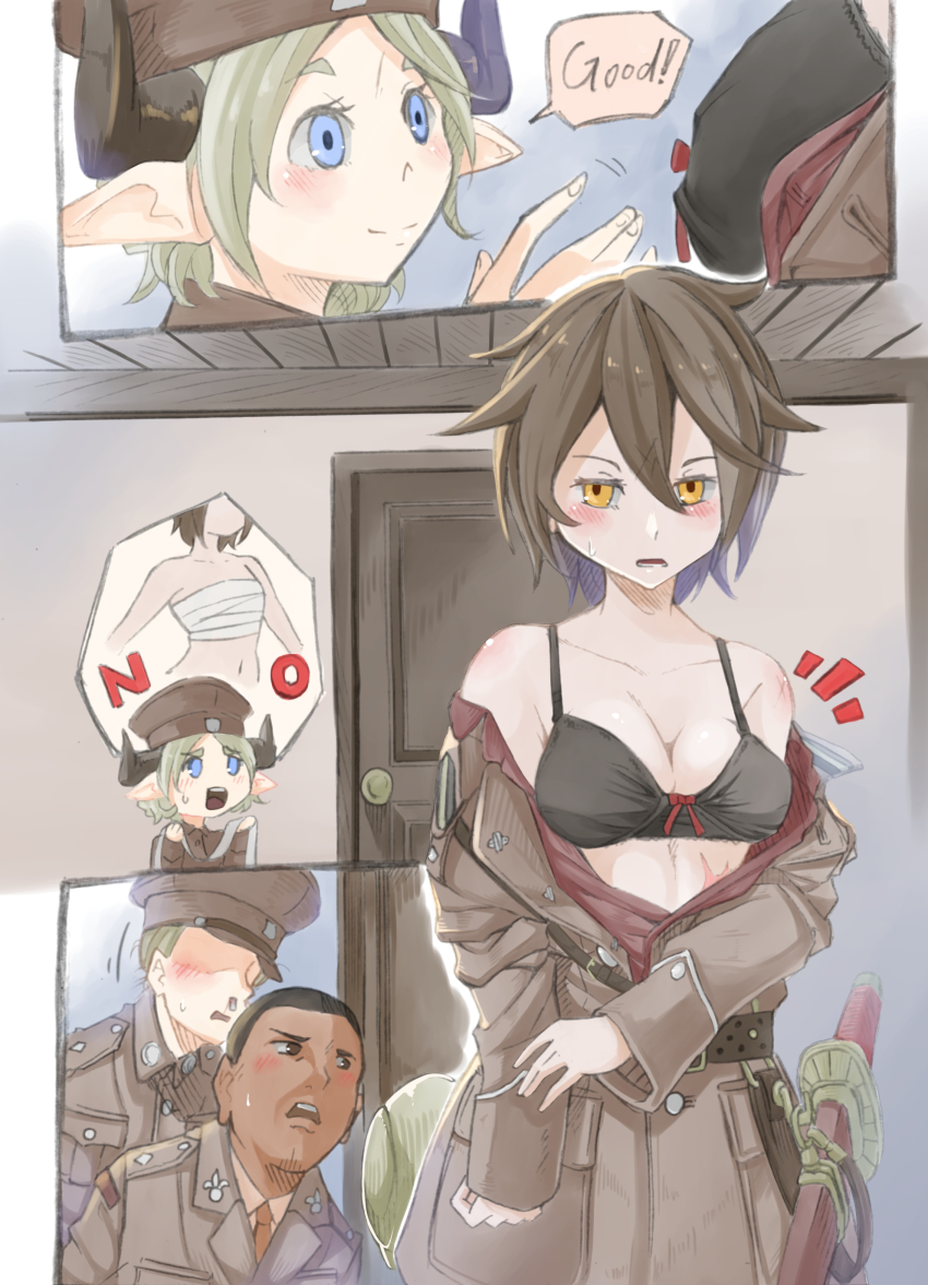 2boys 2girls absurdres black_bra blue_eyes blush bra brown_hair comic dark-skinned_male dark_skin eavesdropping english_text faceless faceless_male hair_between_eyes hat highres horns ikeshiki-chuujou katana military military_hat military_uniform multiple_boys multiple_girls original pointy_ears sarashi scar sheath sheathed sword tomboy underwear weapon yellow_eyes