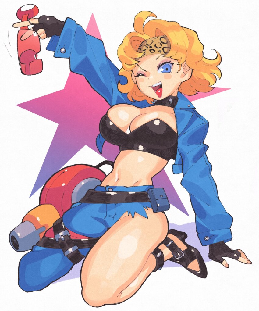 1girl 2024 animal_print arm_support arm_up asymmetrical_legwear black_gloves blonde_hair blue_eyes breasts cleavage collar commentary commission cropped_jacket denim denim_jacket english_commentary eyeshadow female_focus fingerless_gloves full_body glasses gloves goggles gun headband high_heels highres holding inkuusan jacket large_breasts leopard_print long_sleeves looking_at_viewer makeup nail_polish narrow_waist navel one_eye_closed pepper_box pink_eyeshadow pink_nails pumps shadow shinkisekai_evolution shiny_skin short_hair simple_background sitting smile solo star_(symbol) teeth thighs uneven_legwear unworn_goggles upper_teeth_only v wariza weapon white_background wink