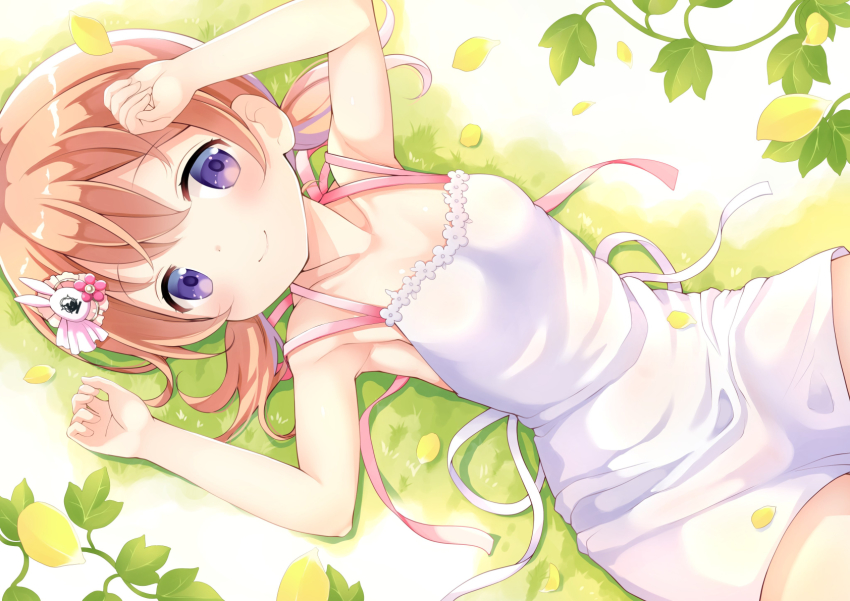 1girl apron armpits bare_arms bare_shoulders blush breasts cleavage closed_mouth collarbone commentary_request cowboy_shot dutch_angle female_focus from_above gochuumon_wa_usagi_desu_ka? grass hair_between_eyes hair_ornament hand_on_own_forehead highres hoto_cocoa leaf looking_at_viewer low_twintails lying naked_apron on_back on_grass orange_hair plant purple_eyes short_hair sidelocks small_breasts smile solo toketou twintails white_apron white_background