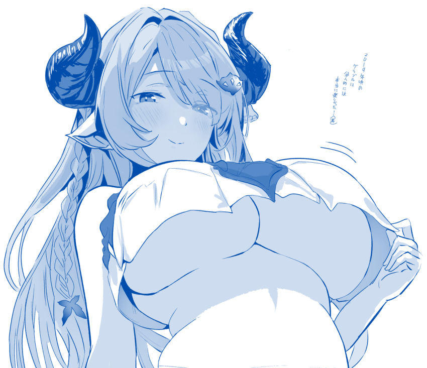 1girl blue_theme braid breasts commentary_request draph eyes_visible_through_hair granblue_fantasy hair_ornament hair_over_one_eye horns large_breasts looking_at_viewer metsu_end monochrome narmaya_(granblue_fantasy) pointy_ears simple_background single_braid smile solo translation_request underboob upper_body white_background