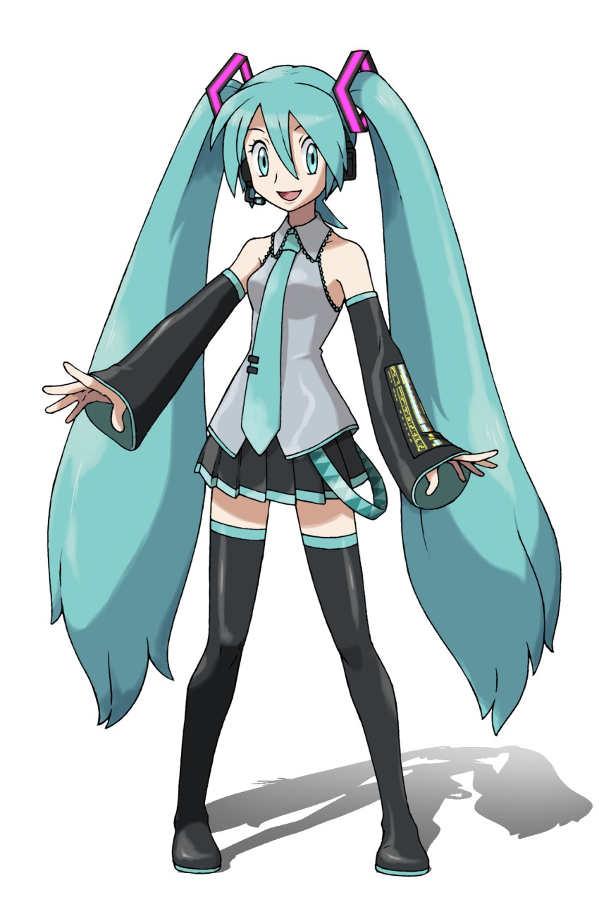 1girl bare_shoulders black_footwear black_skirt blue_eyes blue_hair blue_necktie boots breasts detached_sleeves female_focus full_body grey_shirt hair_between_eyes hair_ornament happy hatsune_miku highres long_hair matching_hair/eyes miniskirt necktie open_mouth parody pleated_skirt shiny_clothes shirt simple_background skirt sleeveless sleeveless_shirt small_breasts smile solo standing style_parody tellzeta thigh_boots thighhighs twintails very_long_hair vocaloid white_background zettai_ryouiki