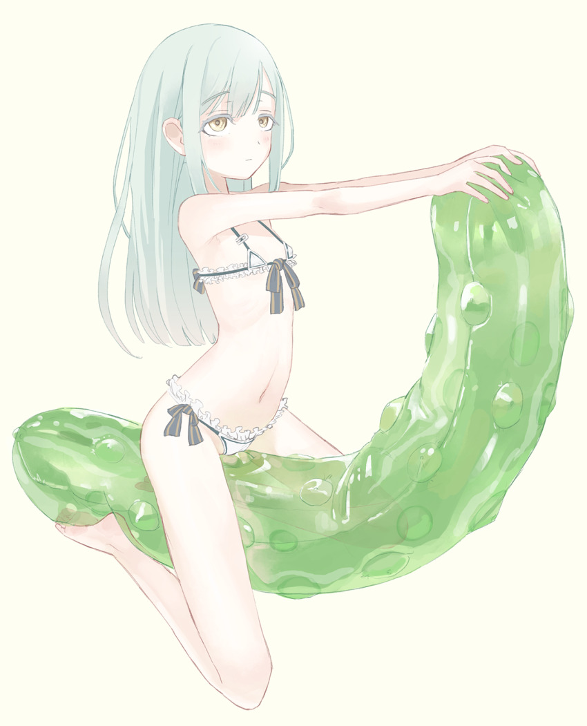 1girl alternate_costume bang_dream! bang_dream!_it&#039;s_mygo!!!!! bare_legs barefoot bikini blush closed_mouth colored_eyelashes commentary crotch_rub cucumber expressionless female_masturbation flat_chest frilled_bikini frills full_body green_hair grey_ribbon highres inflatable_toy legs long_hair looking_ahead looking_up masturbation micro_bikini mirukai_(user_azju4235) narrow_waist navel outstretched_arms oversized_object phallic_symbol ribbon ribbon-trimmed_bikini ribbon_trim sex_toy side-tie_bikini_bottom sidelocks simple_background skinny soles solo spaghetti_strap stomach straddling straight_hair striped_ribbon swept_bangs swimsuit transparent upturned_eyes variant_set wakaba_mutsumi white_bikini yellow_background yellow_eyes