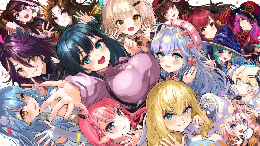 6+girls :d absurdres ahoge ali_woli amano_nene_(vtuber) beret black_hair blonde_hair blue_eyes blue_hair blue_halo blush bow breasts brown_hair charlotte_suzu closed_mouth colored_inner_hair commentary demon_horns earrings english_commentary everyone flower green_eyes green_hair hair_between_eyes hair_bow hair_flower hair_ornament hair_rings half_updo halo hanaki_yuno hat highres holding holding_magnifying_glass horns isla_coleman jewelry large_breasts lethe_bonapuchi looking_at_viewer lua_asuka magnifying_glass majokko_meimi mokami_hiyori multicolored_hair multiple_girls namiji_freesia navina_nova necklace nishikino_kaya open_mouth outstretched_arm parted_hair pink_eyes pink_hair pink_hat plaid_hat pointy_ears production_kawaii purple_eyes purple_hair purple_shirt red_hair red_hat reina_sun_(vtuber) shee_icho shirt side_ponytail sidelocks smile streaked_hair tassel tassel_earrings tomoe_carmine tongue virtual_youtuber white_hair wing_hair_ornament witch_hat yellow_eyes yumekui_kohaku