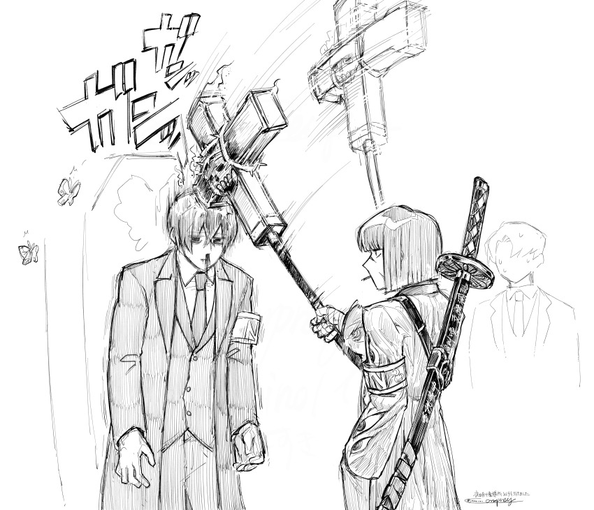 1boy 1girl 1other absurdres blood bob_cut buttons coat collared_shirt e.g.o_(project_moon) employee_(project_moon) gameplay_mechanics greyscale highres hitting holding holding_mace holding_weapon lapels limbus_company lobotomy_corporation lobotomy_corporation_(identity)_(project_moon) long_sleeves looking_at_another mace monochrome necktie nosebleed notched_lapels nugget_(project_moon) ootachi pants penitence_(e.g.o) project_moon red_eyes_(e.g.o) ryoshu_(project_moon) shirt short_hair solemn_lament_(e.g.o) sword weapon weapon_on_back yatsumeunagi yi_sang_(project_moon)