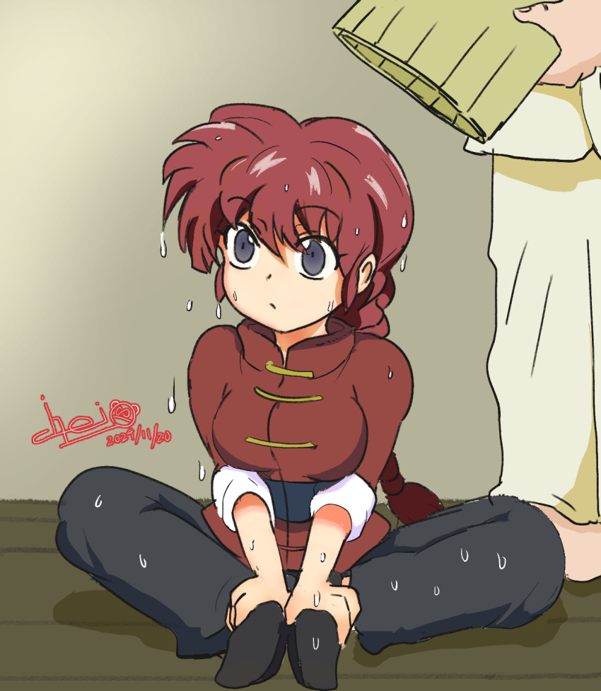 1girl blue_eyes braid chinese_clothes genderswap genderswap_(mtf) highres ranma-chan ranma_1/2 red_hair saotome_ranma single_braid solo tangzhuang