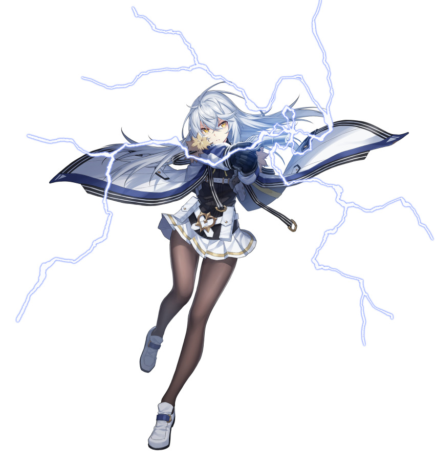 aiming belt black_gloves counter:side electricity full_body fur_trim gaeun_(counter:side) gloves gun highres holding holding_gun holding_weapon holster holstered jacket long_hair long_sleeves pantyhose pleated_skirt skirt weapon white_background white_hair yellow_eyes